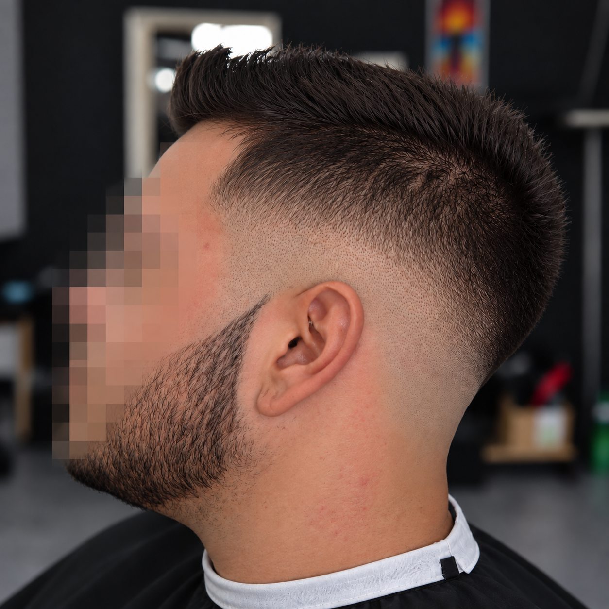 Degradê baixo com topete texturizado e barba alinhada