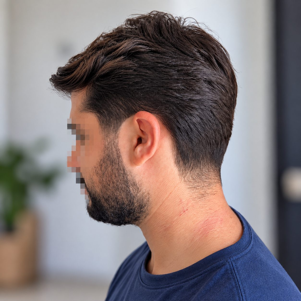 Corte social com volume em cima, nuca batida e barba curta
